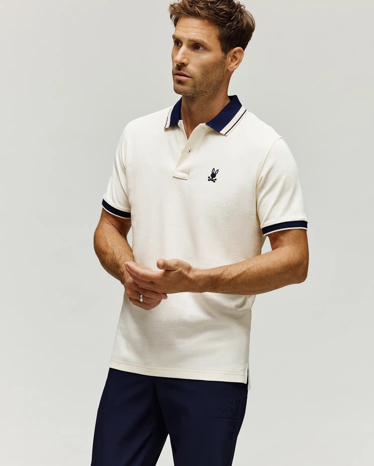 MENS INDIGO TEXTURED COLLAR PIQUE POLO - MT0100082 - Image 3